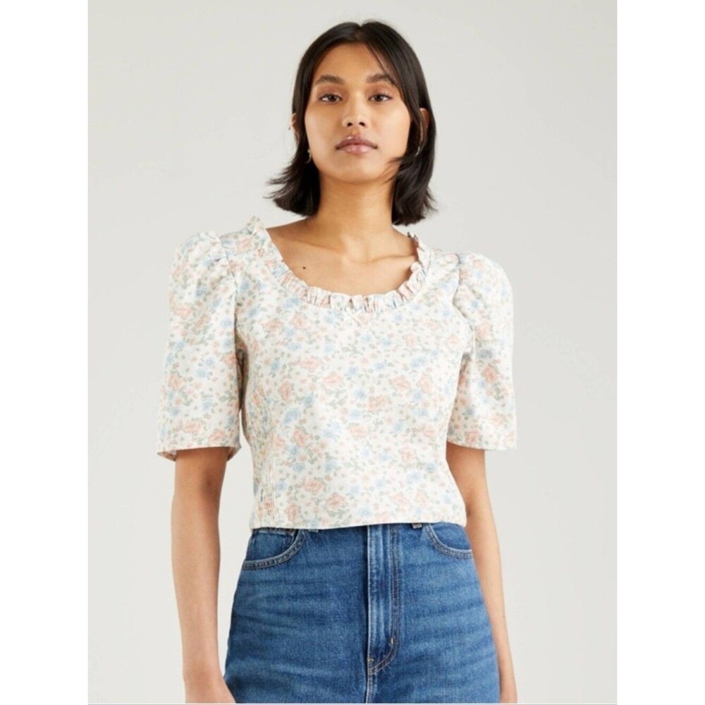 Levi’s 100% Cotton Smocked Puff Sleeve Cottagecore Pastel Floral Top